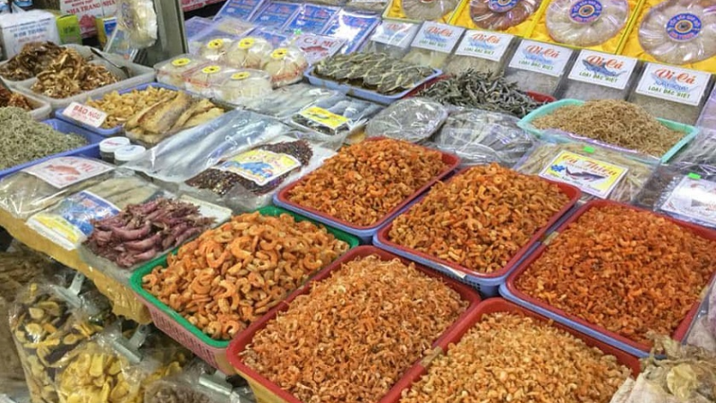 Packs of dried squid and seafood displayed at a Nha Trang market